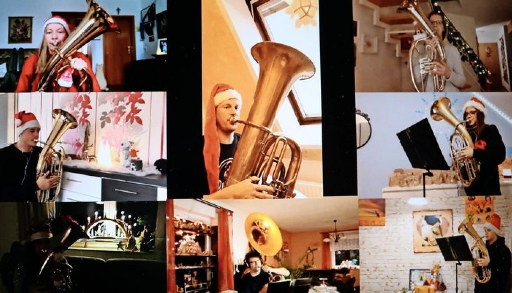 Die Musiker des Grimmaer Jugendblasorchesters spielen für die Zuhörer – jeder für sich im privaten Probenraum. Die einzelnen Stücke hat der Tonmeister des Ensembles zu einem Video zusammengeschnitten. Fotos/Montage: JBO